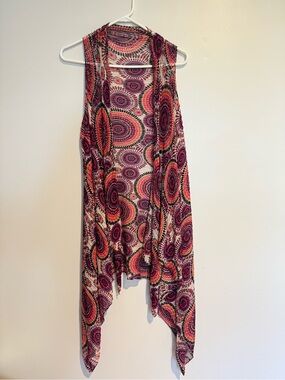 Y2K Boho Open-Front Drape Vest in Pink and Coral Medallion Print